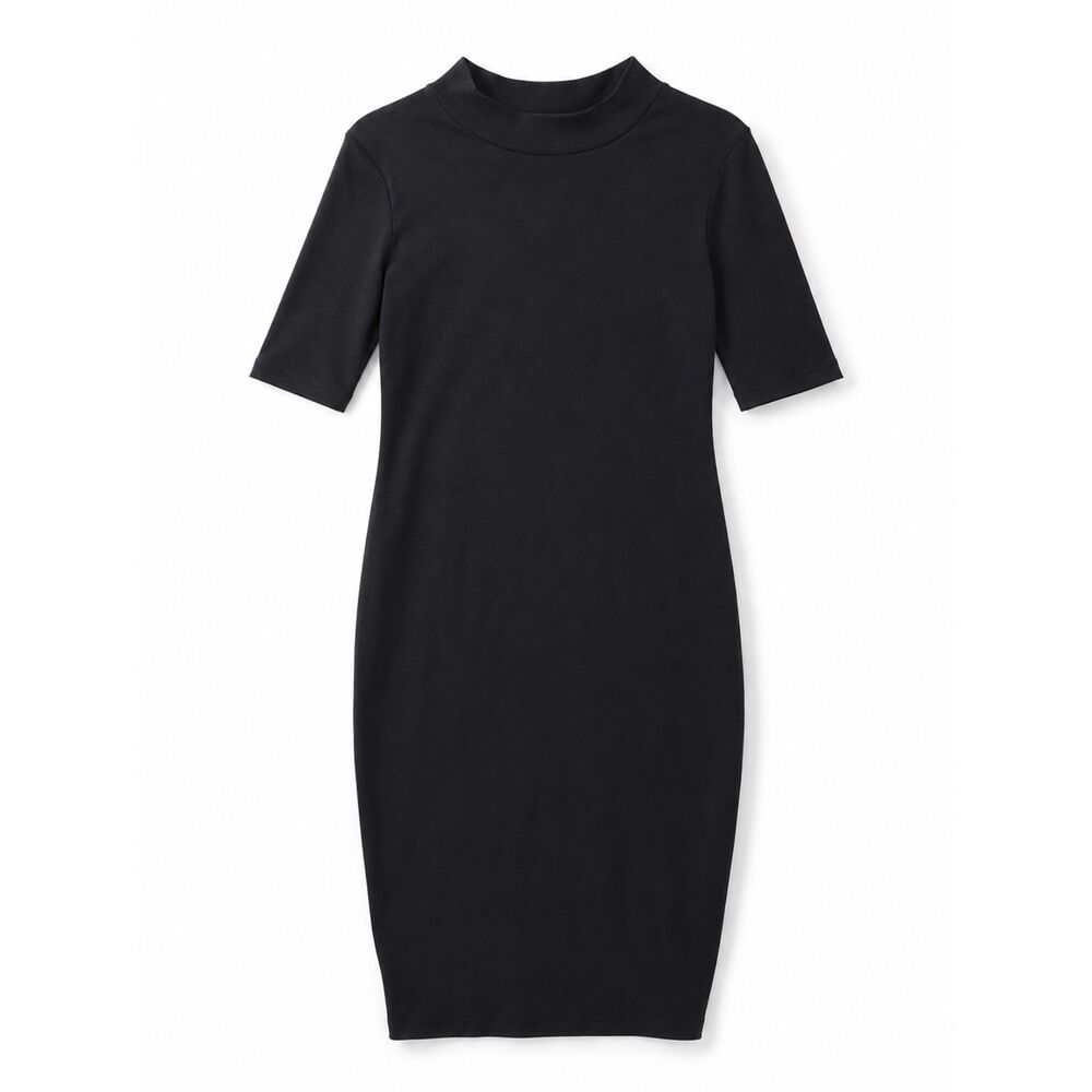 ZARA Basic Women S Black Midi Dress Mock Neck Elbow Sleeve Fitted Made Portugal